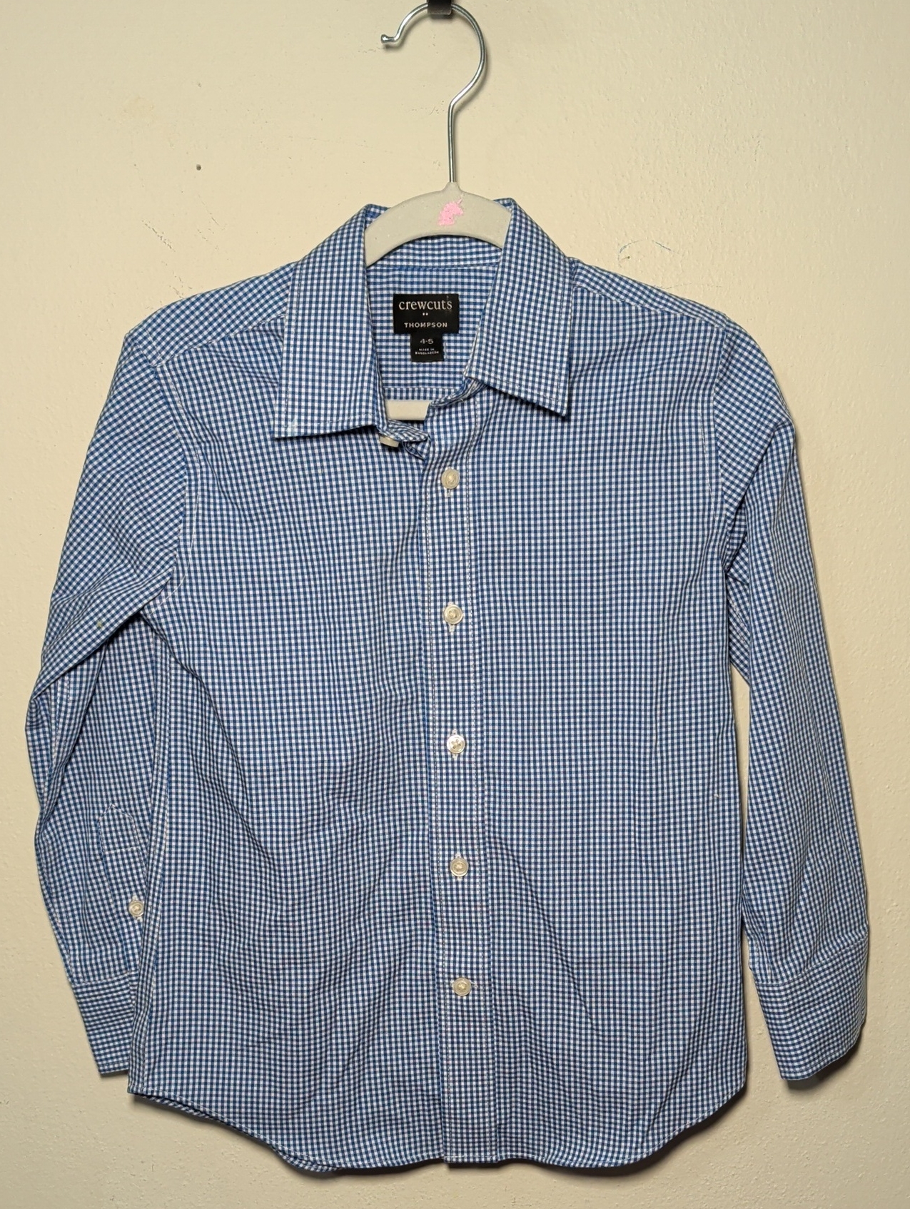 Crewcuts Thompson Button-Up Shirt Blue White Gingham Cotton Preppy Boys Size 4-5